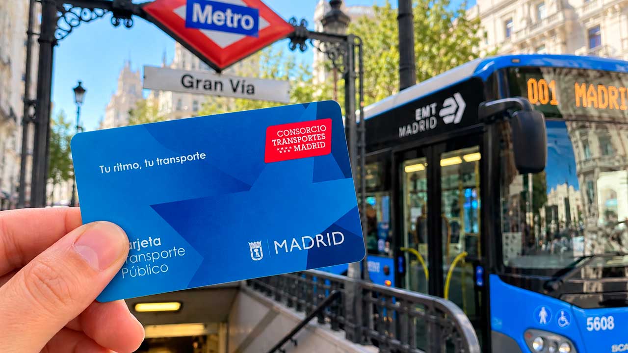 Tarjeta Azul de Madrid junto a una entrada de Metro y un autobús de la EMT