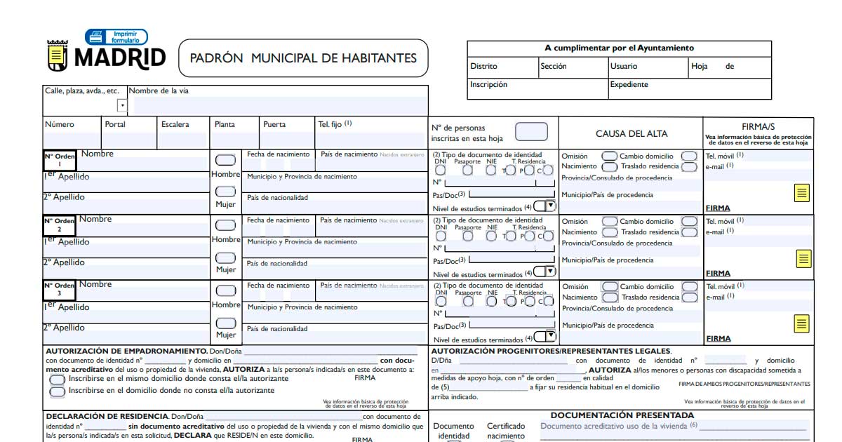 Formulario del Padrón Municipal de Habitantes del Ayuntamiento de Madrid