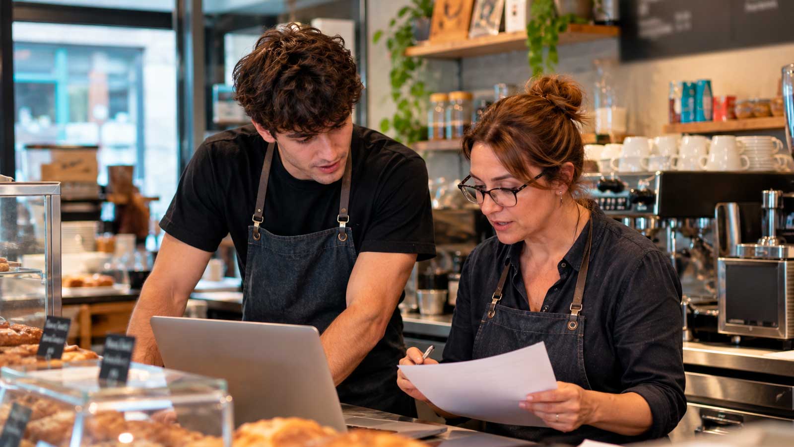 Una autónoma y un joven trabajador revisan documentos y un ordenador en una cafetería.