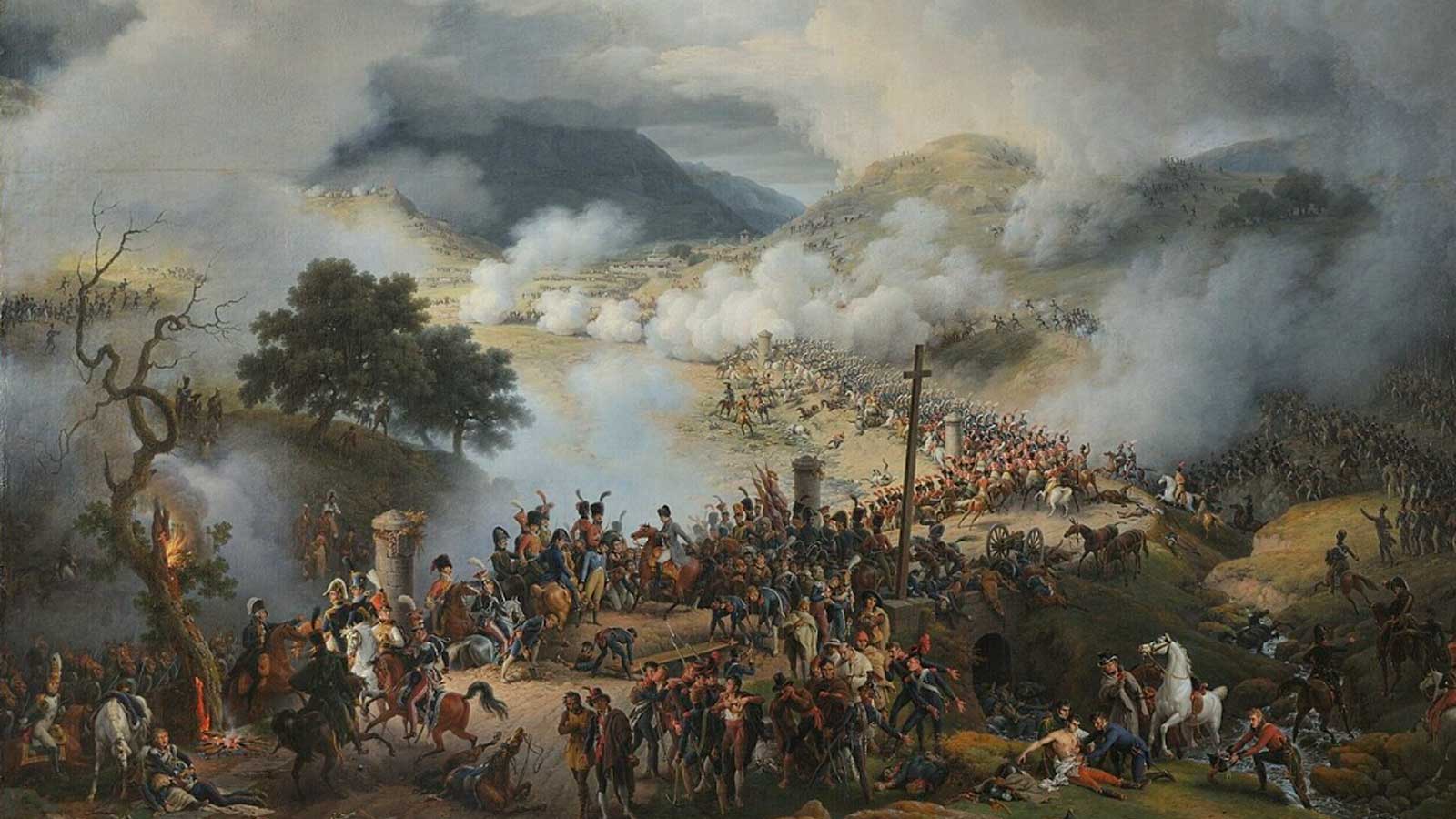 Pintura histórica de la batalla de Somosierra de 1808, con tropas napoleónicas, caballería y cañones en plena batalla.