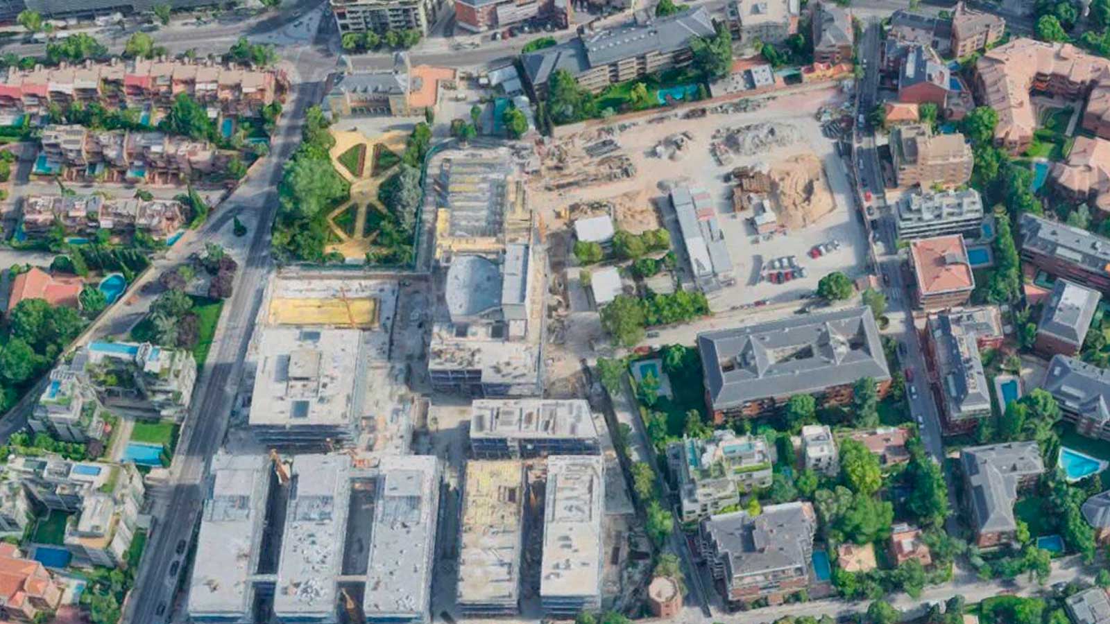 Vista aérea del complejo de la ONCE en Chamartín, Madrid, donde se han aprobado nuevas zonas verdes y una parcela residencial.