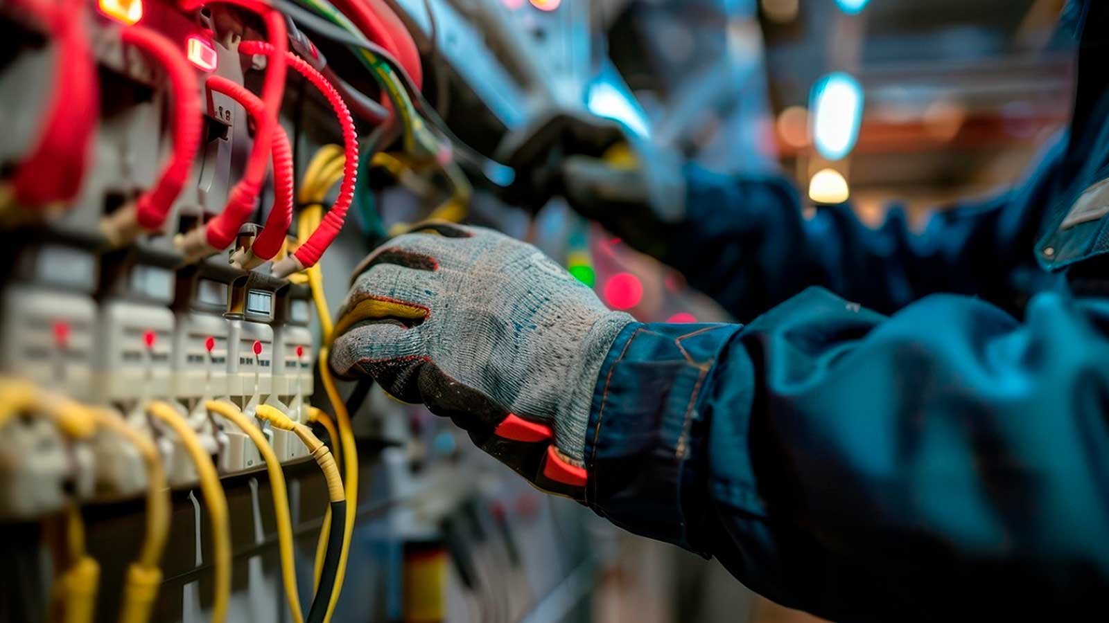 Técnico electricista trabajando en un cuadro eléctrico durante labores de mantenimiento de la red en Madrid.