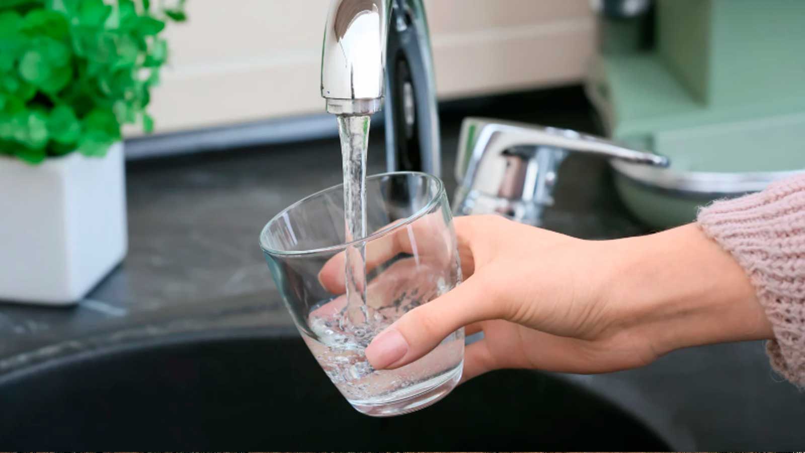 Una persona llena un vaso de agua del grifo en la cocina de su vivienda.