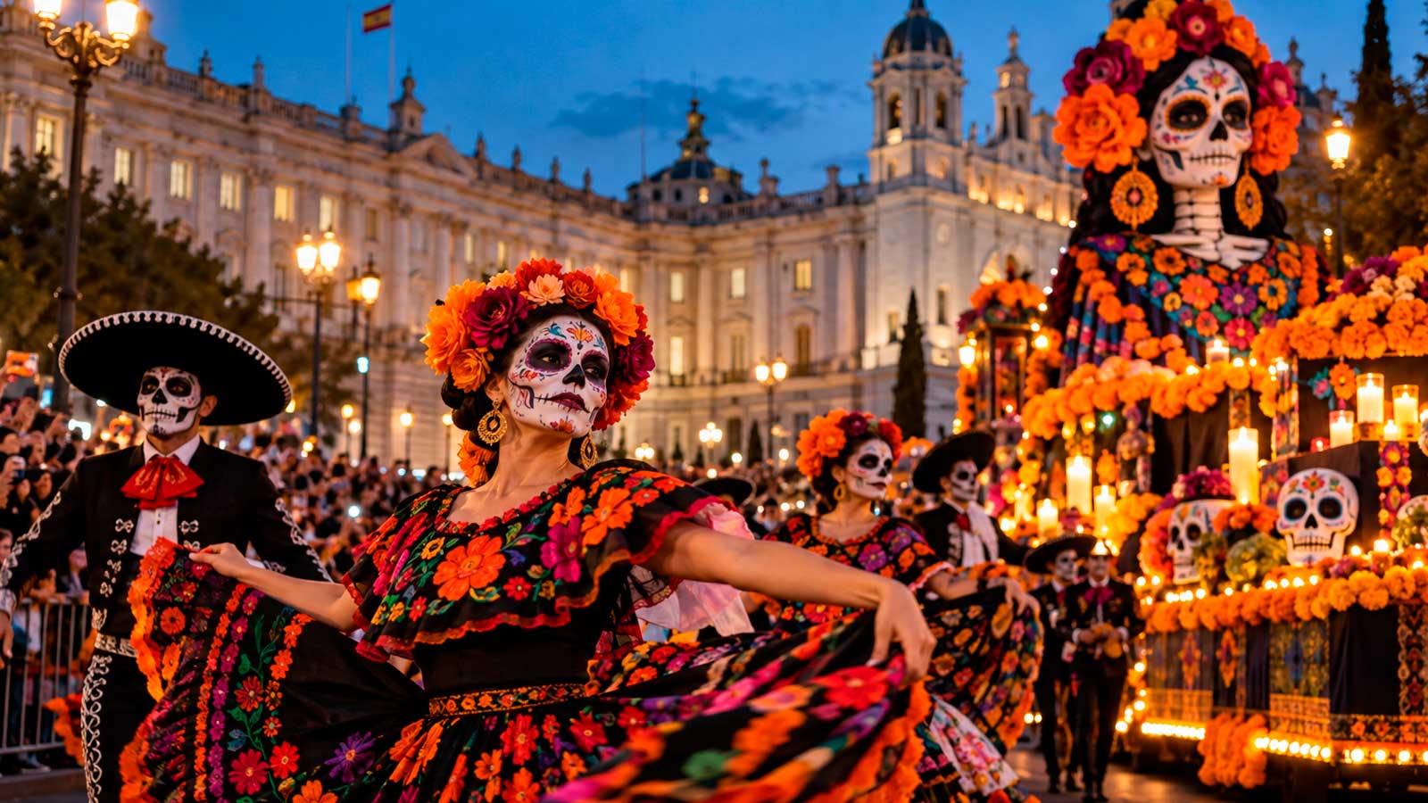 Desfile del Día de Muertos en Madrid con catrinas, trajes mexicanos y carrozas junto al Palacio Real.