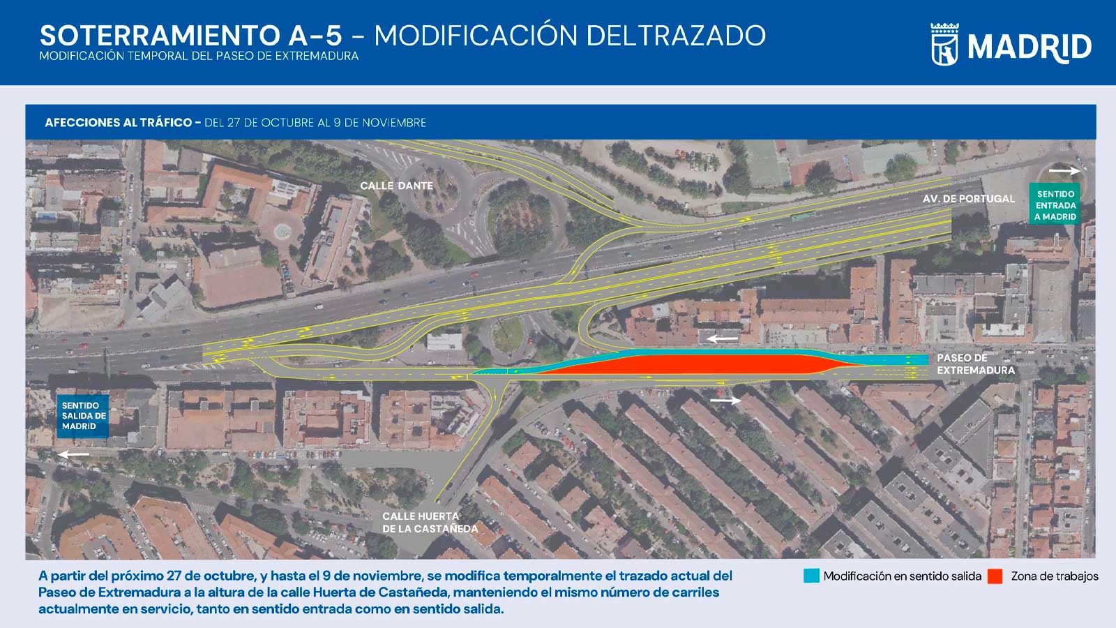 Plano de los nuevos desvíos de la A-5 en Madrid por las obras del paseo de Extremadura junto a Huerta de Castañeda.
