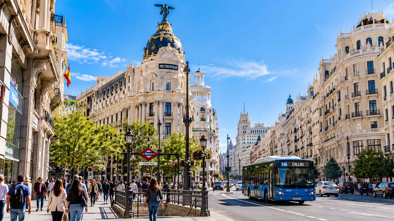 Gran Vía de Madrid con peatones, comercios y un autobús de la EMT durante el día.