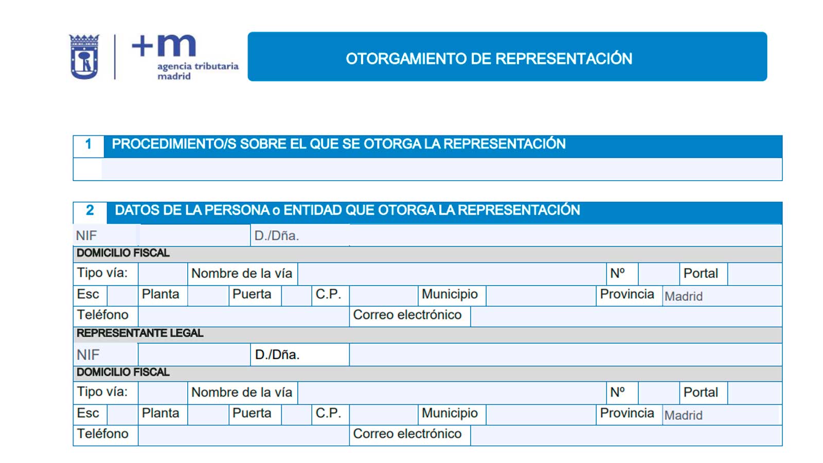 Formulario oficial del Ayuntamiento de Madrid para autorizar a un familiar a realizar trámites tributarios en nombre de otra persona.