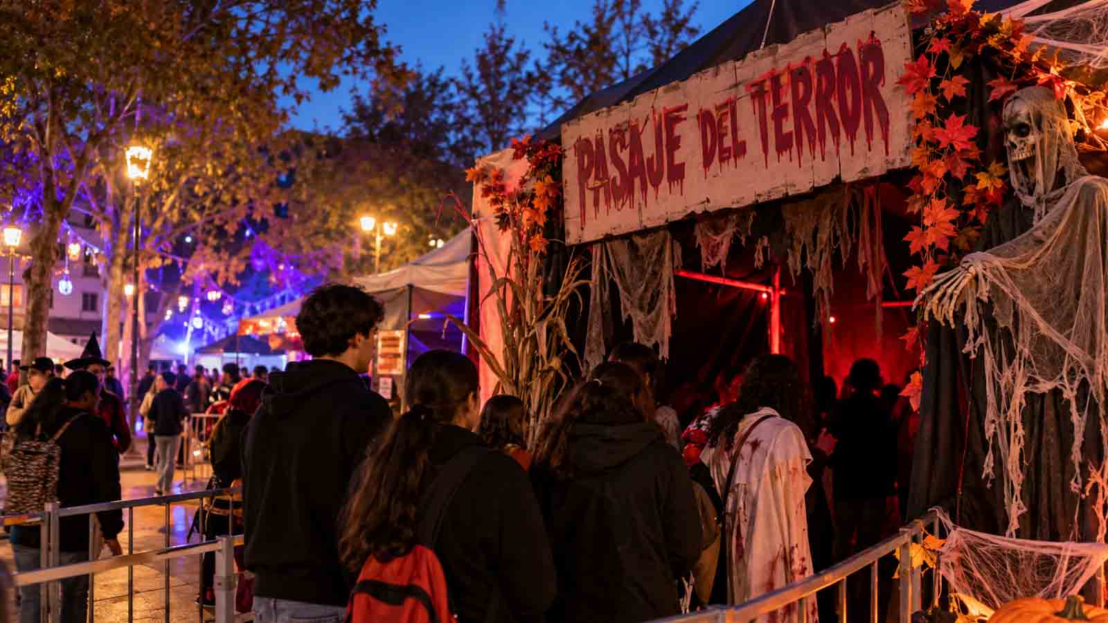 Pasaje del terror de Halloween con vecinos haciendo cola para entrar en una atracción decorada con calabazas y esqueletos.