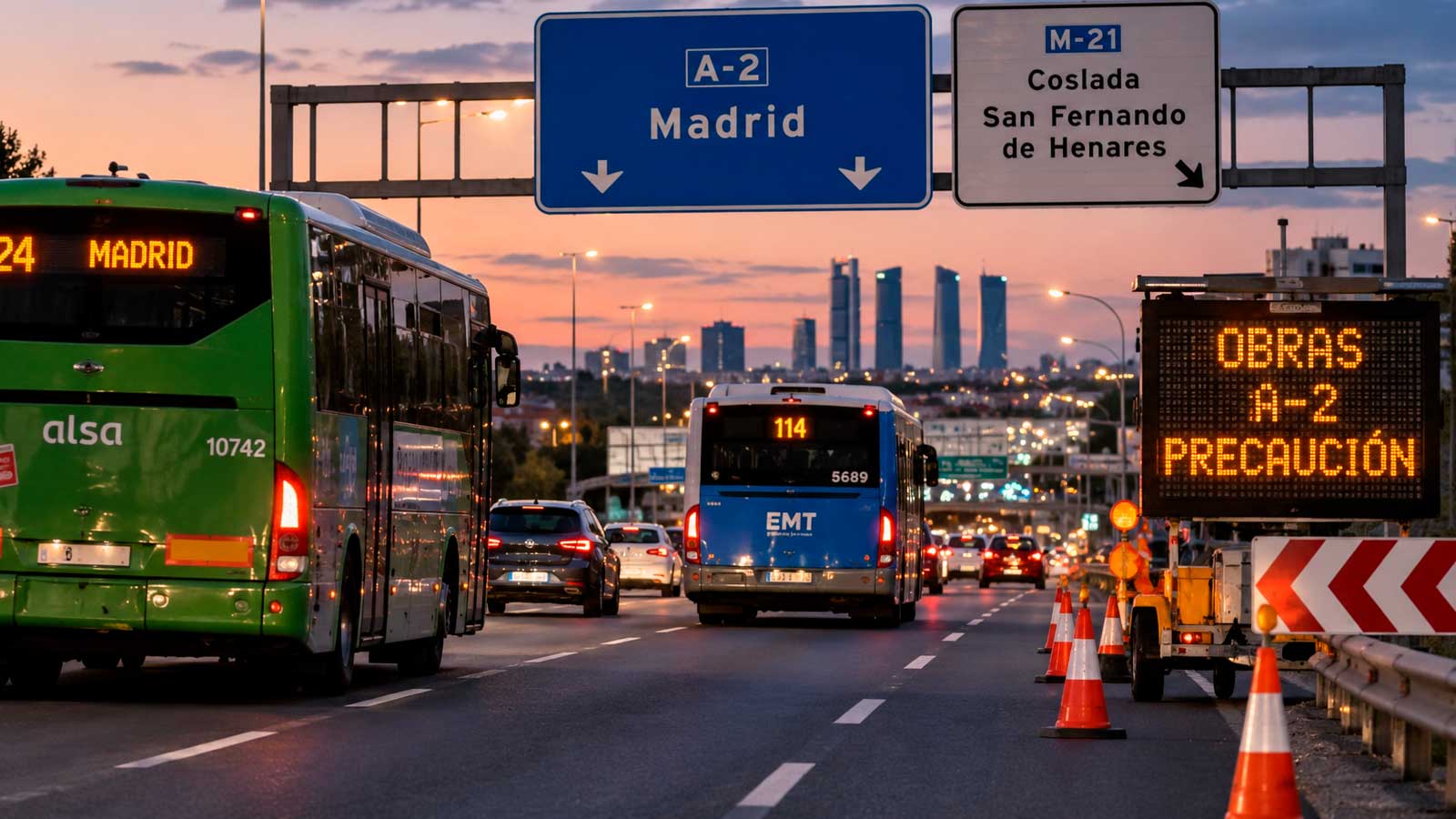Autobuses afectados por las obras nocturnas en la A-2 entre Madrid y el corredor del Henares