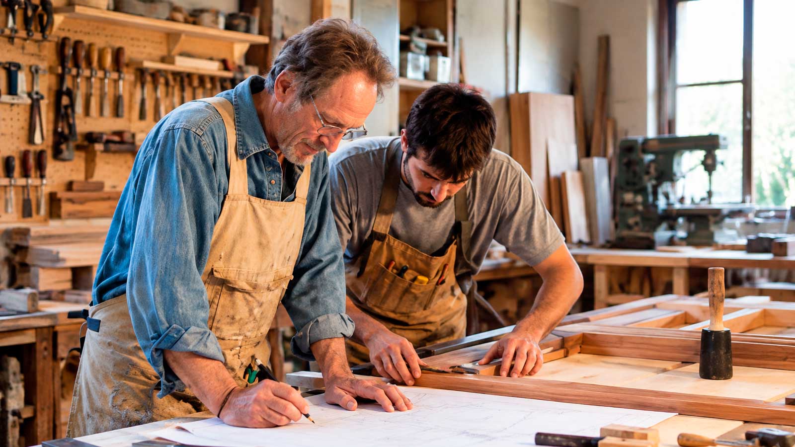 Empresario y joven emprendedor trabajando juntos en un taller de carpintería durante un relevo generacional