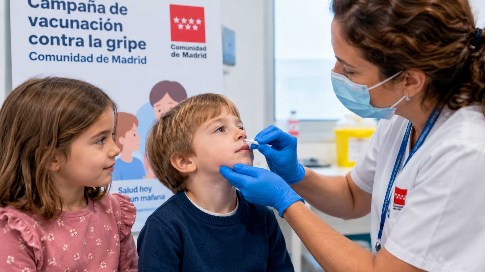 Enfermera administrando la vacuna intranasal contra la gripe a un niño en un centro sanitario de Madrid.