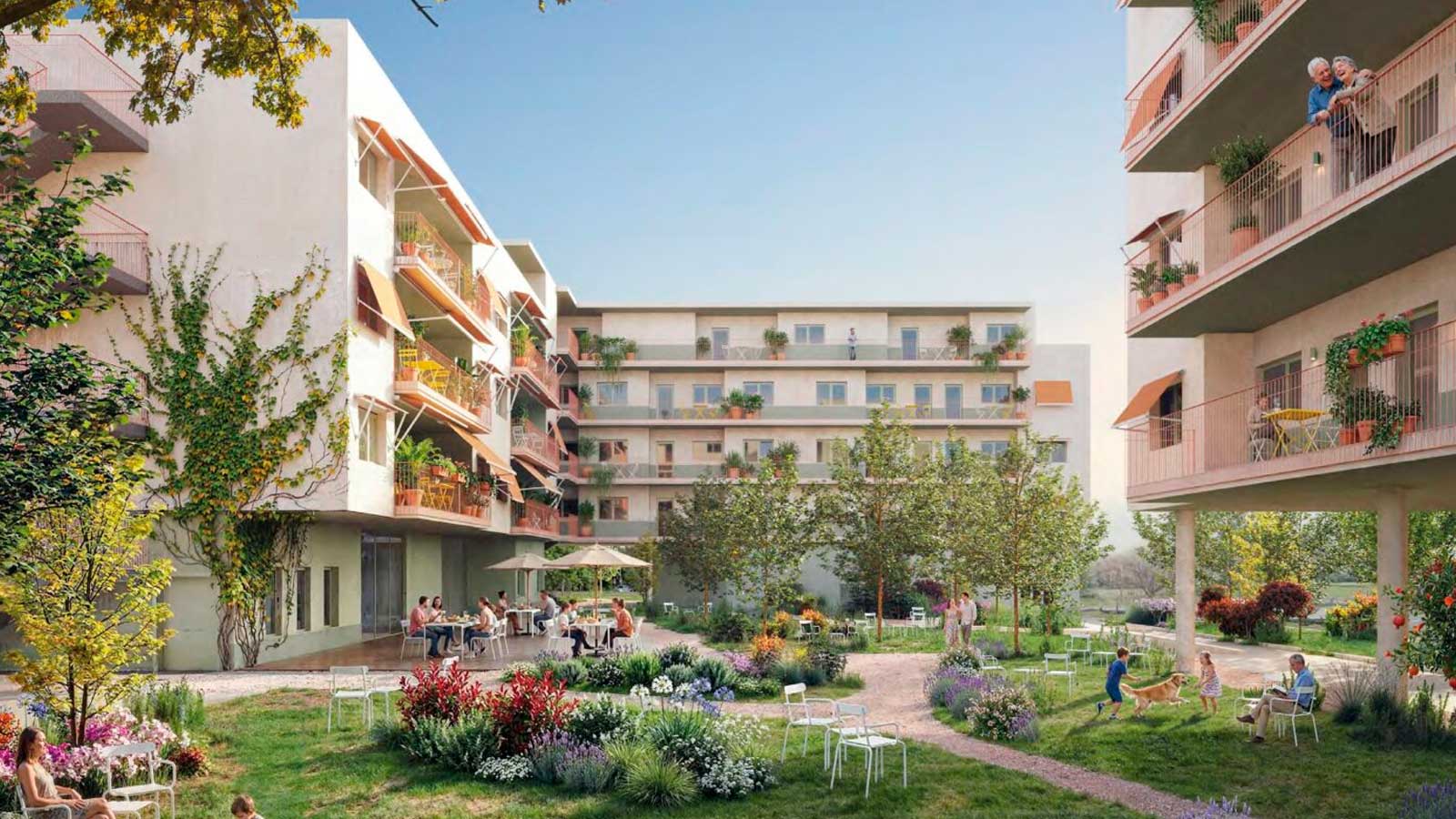 Recreación de viviendas colaborativas para mayores en Madrid con jardines comunitarios, terrazas y espacios compartidos.