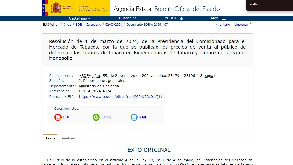 Nuevo precio del tabaco en marzo 2024